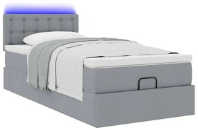 Cama Otomana com colchão &amp; LEDs 90x200 cm tecido cinzento claro