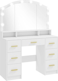 HOMCOM Toucador com 10 Luzes LED de 3 Cores Toucador de Maquilhagem com Espelho 7 Gavetas 3 Compartimentos Moderno 110x40x150 cm Branco | Aosom Portugal