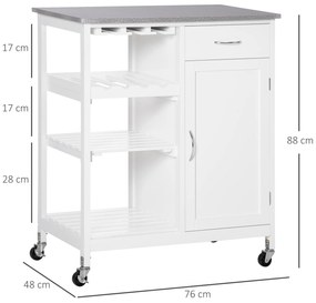 HOMCOM Carrinho de Cozinha com Rodas Carrinho de Cozinha com 1 Gaveta Prateleiras Removíveis Suporte para 4 Garrafas e Armário para Sala de Jantar Sala de Estar Carga 40kg 76x48x88cm Branco e Cinza