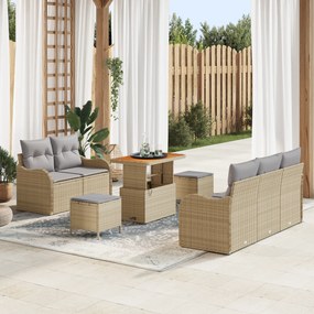 Conjunto de Sofá de Jardim 8 Peças com Almofadas Bege Vime Polipropile