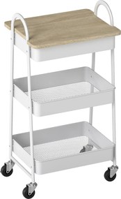 HOMCOM Carrinho de cozinha, carrinho de serviço de 3 níveis, tampo superior, cestos, pegas, 45 x 32 x 77,5 cm carvalho | Aosom Portugal