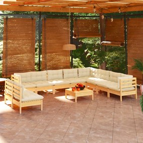 vidaXL 11 pcs conjunto lounge jardim c/ almofadões creme pinho maciço