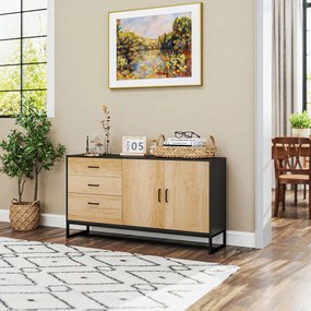 Aparador de sala de estar com 3 gavetas e prateleira ajustável 140 x 35 x 75 cm, pés em aço, puxadores em liga de alumínio acabamento em cor de madeir