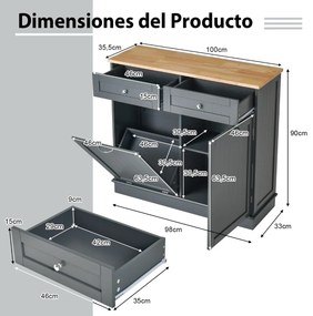 Armário de lixo rebatível para cozinha 100 x 35 x 90,5 cm com contentor oculto de 42 L 2 gavetas Cinzento