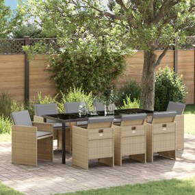 vidaXL Conjunto de Jantar para Jardim de 9 Peças com Almofadas de Rattan Poliéster Bege