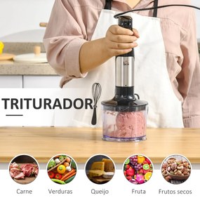 Varinha Mágica 1000W 4 em 1 com Velocidades Ajustáveis 2 Lâminas de Aço Inoxidável Picador 500ml Copo Medidor 800ml e Batedeira 10x6,5x41cm Preto