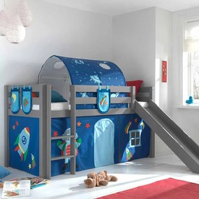 Conjunto Cama alta de Criança PINO 90 x 200 cm + estrado + escada + escorrega + tunel + cortina + bolsas de arrumação Astronauta Cinzenta