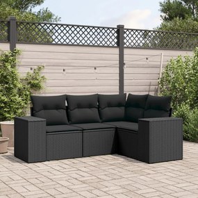 4 pcs conjunto de sofás para jardim c/ almofadões vime PE preto