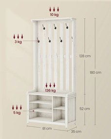 Bengaleiro, móvel entrada 35 x 81 x 180 cm com prateleira e 7 ganchos duplos branco vintage