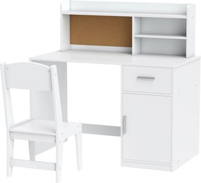 Secretária infantil com cadeira, mesa infantil com cadeira, gaveta, armário, compartimentos abertos, quadro de cortiça, branco