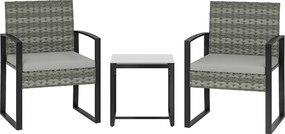 Outsunny Conjunto bistrô em rattan, conjunto de móveis de jardim 3 peças com 2 cadeiras de jardim, mesa de centro, almofadas removíveis Cinza claro | Aosom Portugal