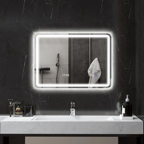 Espelho de Casa de Banho com Luz LED 70x50 cm Bluetooth 3 Cores de Luz Relógio Digital Função Antiembaciamento Memória Prata