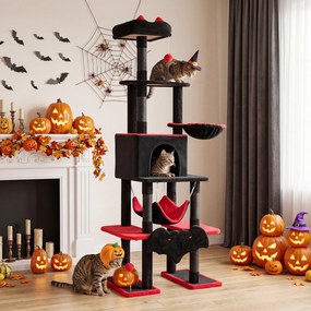 Árvore Rascadora Gótica para Gatos, 73 x 50 x 178 cm, 6 Postes de Sisal, Vermelho+Preto