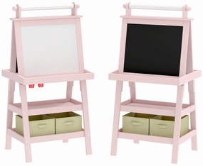 AIYAPLAY Cavalete de Pintura Infantil 3 em 1 Quadro Dupla Face com Rolo de Papel e Cestos de Arrumação Rosa | Aosom Portugal