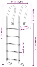 Escada de piscina 54x38x211 cm aço inoxidável 304