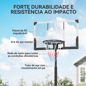 Cesto de Basquetebol para Exterior com Altura Ajustável Portátil Estrutura Dobrável Painel Inquebrável Rodas e Base Preenchível 120x70x300-375 cm Pret