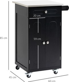 Carrinho de serviço de cozinha com rodas 60 x 45 x 85 cm, com vários compartimentos de arrumação: 1 gaveta, armário com 2 portas e prateleira para pan