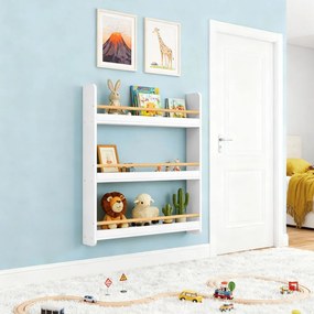 Estante infantil 12 x 60 x 75 cm com 3 prateleiras em branco e cor natural