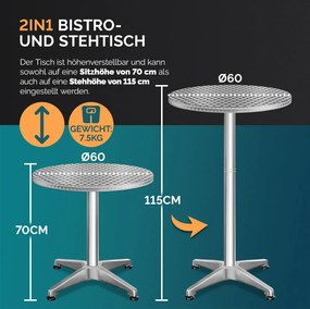 Mesa alta dobrável em aço inoxidável e alumínio com altura ajustável Ø60 x 70-115 cm Prateado