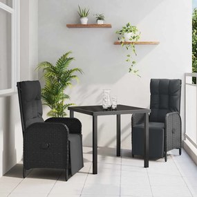vidaXL Conjunto de Jantar para Jardim com almofada 3 pcs Preto vime PE