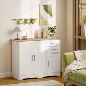 Aparador de sala, móvel de arrumação com 2 gavetas, 3 portas e prateleira ajustável, 100 x 40 x 78 cm, branco e madeira natural