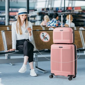 Conjunto 2 Malas de Viagem: mala de mão de 20“ e estojo cosmético de 14” com porta USB. Estrutura em PP com fechadura Rosa
