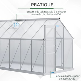 Estufa de jardim em policarbonato com 7,1 m², 1,9 m (L) x 3,75 m (C) x 1,99 m (A), com fundação, claraboia ajustável e porta de correr - Prateada e tr