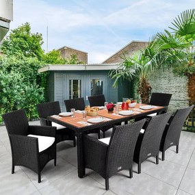 Conjunto de jardim em polyrattan Rom, 9 peças, madeira de acácia preto
