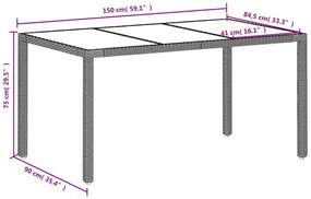 Mesa de jardim c/ tampo vidro 150x90x75 cm vime PE cinza-claro