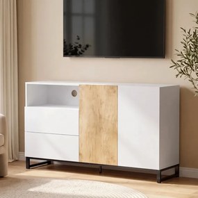 Aparador de sala 140 (L) x 40 (P) x 85 (A) cm, móvel de arrumação com 2 portas com fecho suave, 2 gavetas e prateleira ajustável, branco e cor carvalh