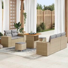 Conjunto de Sofás para Jardim de 8 Peças com Almofadas Bege de Rattan e Acácia