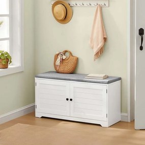 Banco para sapatos com espaço de arrumação 35,5 x 101 x 52,5 cm, portas, almofadas de assento e prateleiras ajustáveis Branco e cinzento