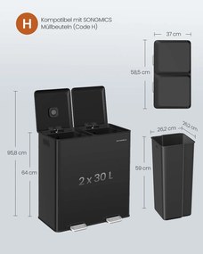 Caixote do lixo 58,5 x 37 x 64 cm com dois compartimentos 30 litros, pedal com fecho suave e baldes interiores Preto