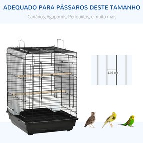 Gaiola para Pássaros com Teto Abatível 2 Poleiros 2 Comedouros e Bandeja Amovível para Canários Periquitos 40x40x59 cm Preto