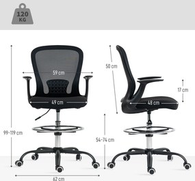 Cadeira de escritório 59 x 62 x 99-119 cm ergonómica com apoio para os pés ajustável e braços rebatíveis, altura regulável, preta
