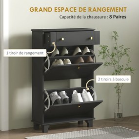 Sapateira estreita para sapatos para a entrada  60 x 23,5 x 98,5 cm, com gavetas com portas basculantes e prateleira ajustável, preta