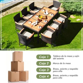 Conjunto de jantar de jardim de 9 peças para 8 pessoas com tampo de mesa em acácia e almofadas amovíveis Conjunto de mobiliário de jardim Alpendre Pis