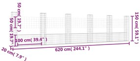 Cesto gabião em forma de U c/ 6 postes 620x20x150 cm ferro