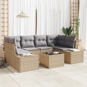 Conjunto de Sofá de Jardim de 7 peças com Almofadas Bege de Polirattan