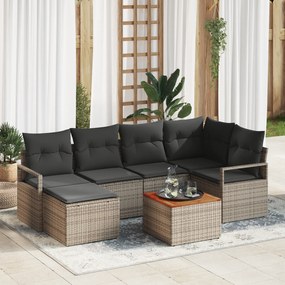 Conjunto de Sofá de Jardim de 7 Peças com Almofadas Cinza Vime Poliést