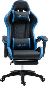 Cadeira Gaming Cadeira Gamer de Pele PU Reclinável 135° Apoio para a Cabeça e Apoio para os Pés 65x65x121-129 cm Preto e Azul