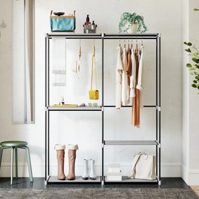 Guarda Roupa Aberto 142x43x185 cm Armário para Roupas com 4 Prateleiras de Tecido 3 Barras para Pendurar Cinzento