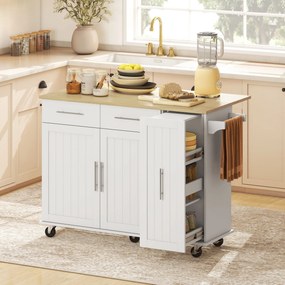 Ilha, Carrinho de Cozinha com Rodas Bancada Dobrável 2 Portas com Fecho Suave e Bandeja Extraível  129x65x91 cm Branco