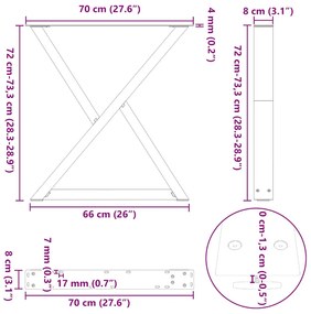 Pés para mesa de jantar 2 peças aço natural 70x(72-73,3) cm aço