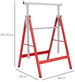 Conjunto de 2 Cavaletes Telescópicos Dobráveis com Altura Ajustável Cavaletes de Serra de Aço 68x58x80-130 cm Vermelho