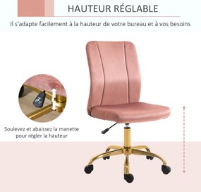 Cadeira de escritório giratória a 360°, ergonómica, encosto curvo, altura ajustável, revestimento em veludo, 56 x 60 x 102 cm, rosa e dourado