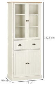 Armário de Cozinha com 2 Portas de Vidro 1 Gaveta e Prateleira Ajustável Móvel Auxiliar de Cozinha Anti-Tombo 76x40x182,5cm Creme