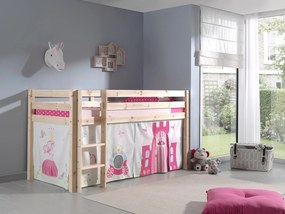 Conjunto Cama alta de Criança PINO 90 x 200 cm + estrado + escada + cortina Princesa Natural
