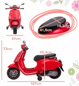 Mota Elétrica para Crianças de 3-6 Anos com Licença Vespa com USB MP3 Luz LED Rádio FM Velocidade 3 km/h Vermelho