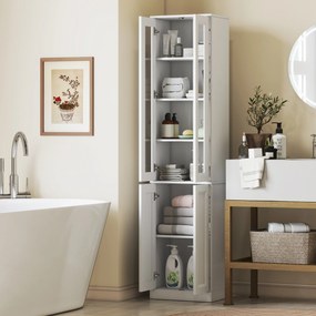 Móvel de casa de banho com 6 níveis 38 L x 26 P x 160 A cm, móvel de arrumação com 4 portas com fecho suave e prateleiras ajustáveis, branco